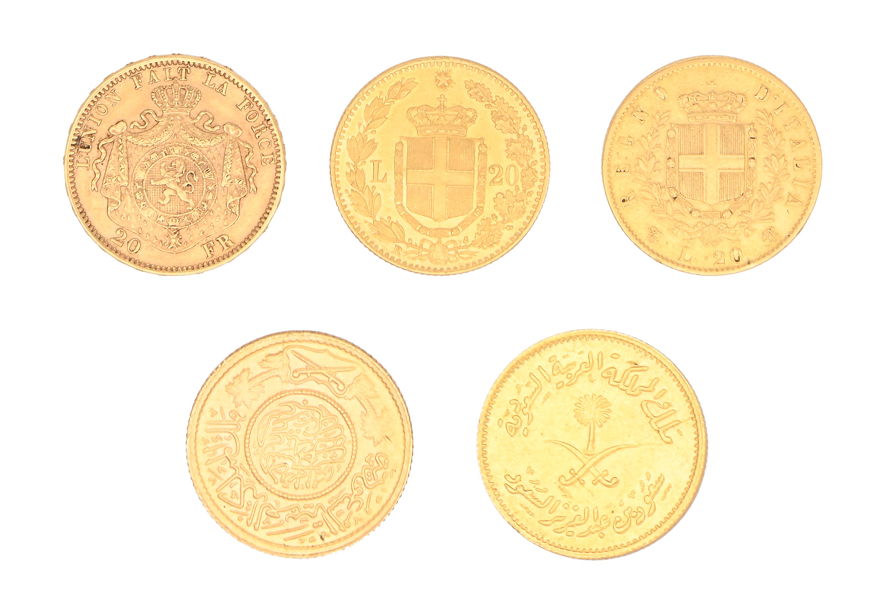 Lotto: 2 Monete 20 Lire Regno D'italia; 20 Franchi Belgi; 2 Monete Ottomane