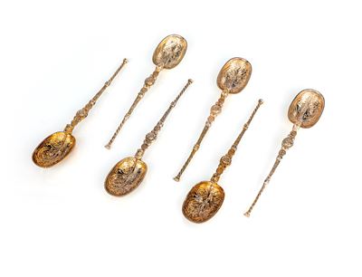 Sei Cucchiaini in Argento Dorato, Londra 1901, Argentieri Cornelius Desormeaux e James Francis Sh...