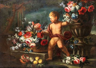 Natura Morta di Fiori con Putto