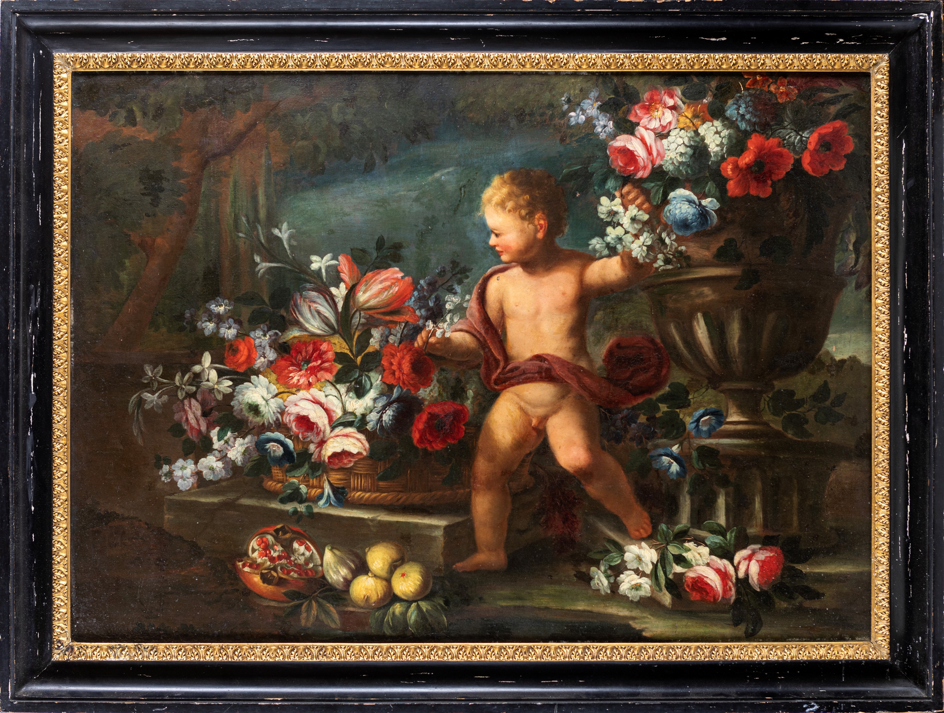 Scuola Napoletana. XVII Secolo - Natura Morta di Fiori con Putto