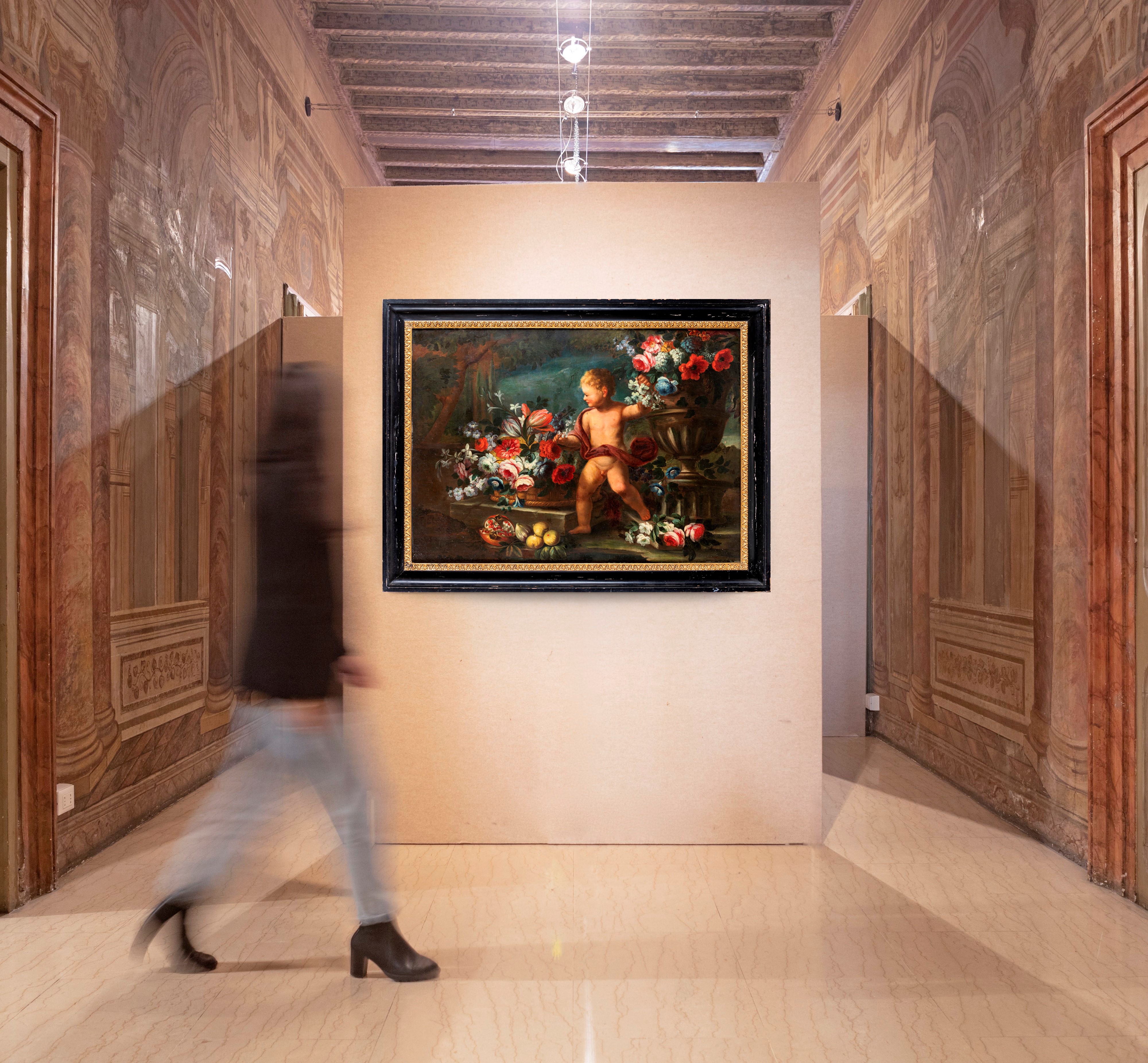 Scuola Napoletana. XVII Secolo - Natura Morta di Fiori con Putto