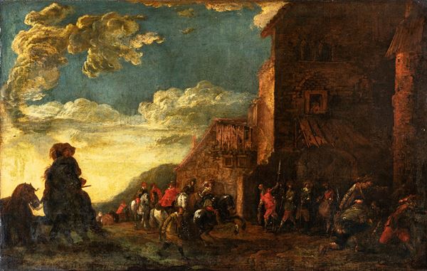 Pittore bambocciante del XVII secolo - Cavalieri presso un casolare