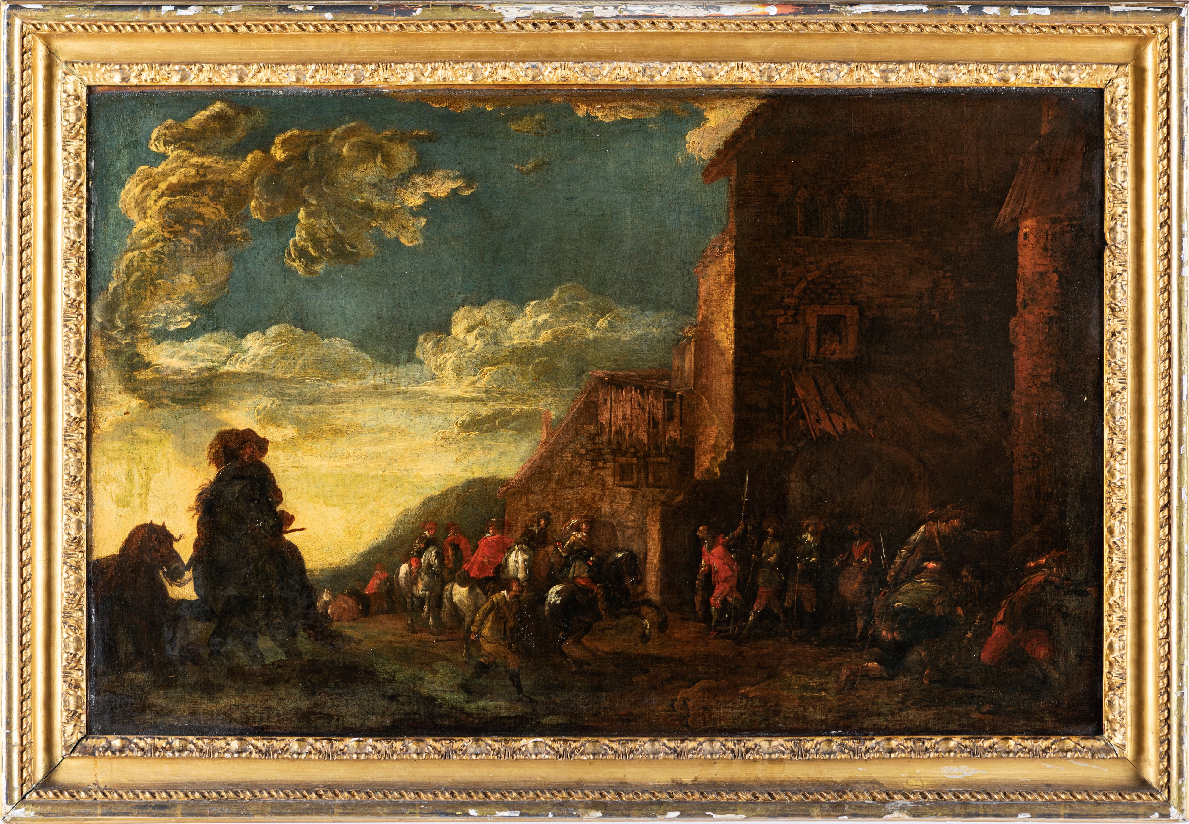 Pittore Bambocciante del XVII Secolo - Cavalieri Presso un Casolare