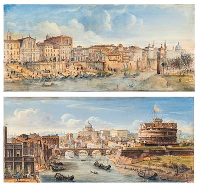 Coppia di Tempere su Pergamena Veduta di Castel Sant'angelo e del Porto di Ripetta