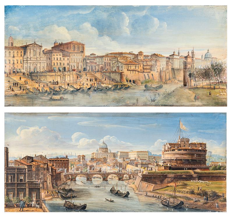 Scuola Romana del XIX Secolo - Coppia di Tempere su Pergamena Veduta di Castel Sant'angelo e del ...
