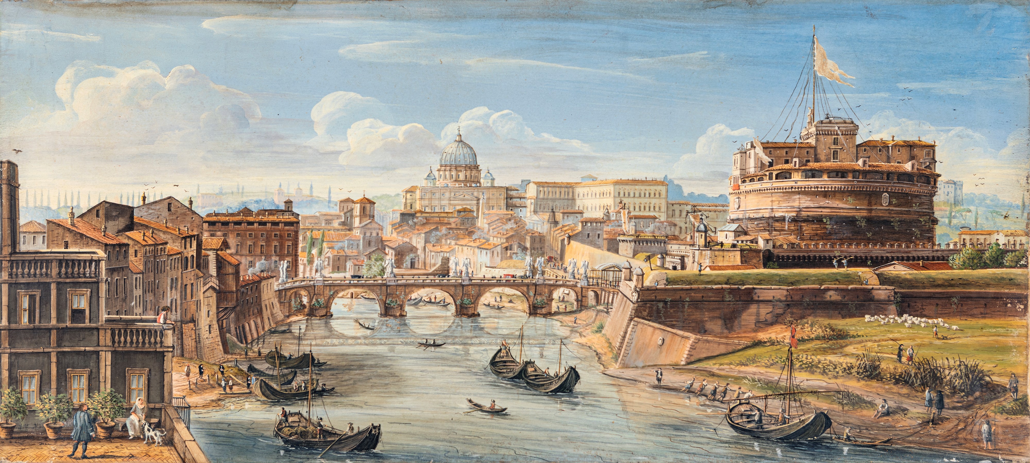 Scuola Romana del XIX Secolo - Coppia di Tempere su Pergamena Veduta di Castel Sant'angelo e del ...