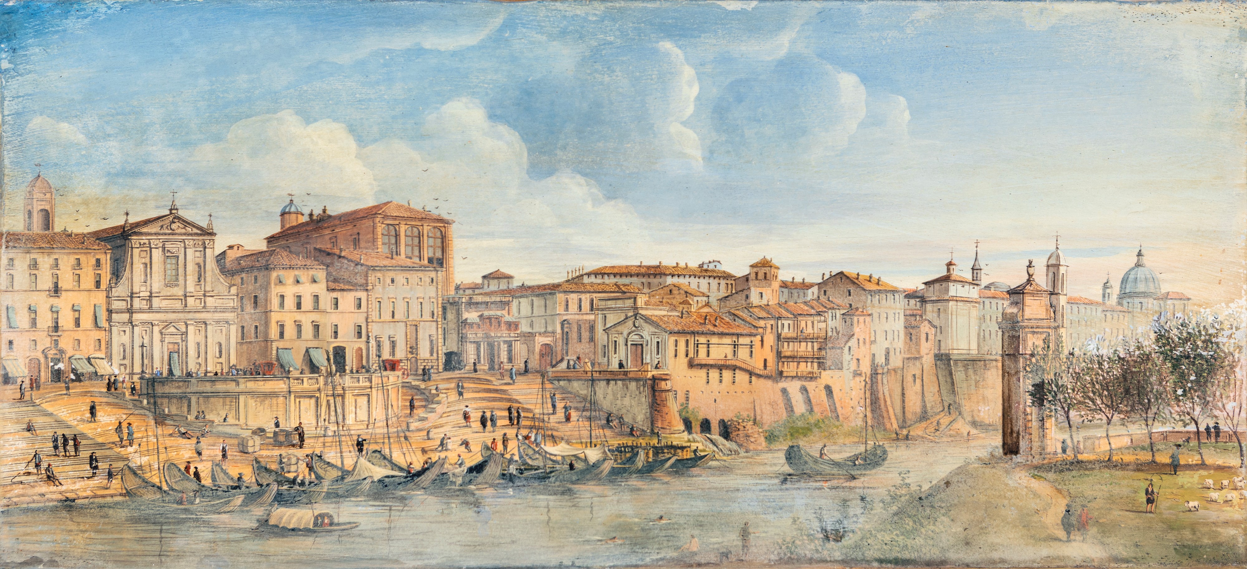 Scuola Romana del XIX Secolo - Coppia di Tempere su Pergamena Veduta di Castel Sant'angelo e del ...