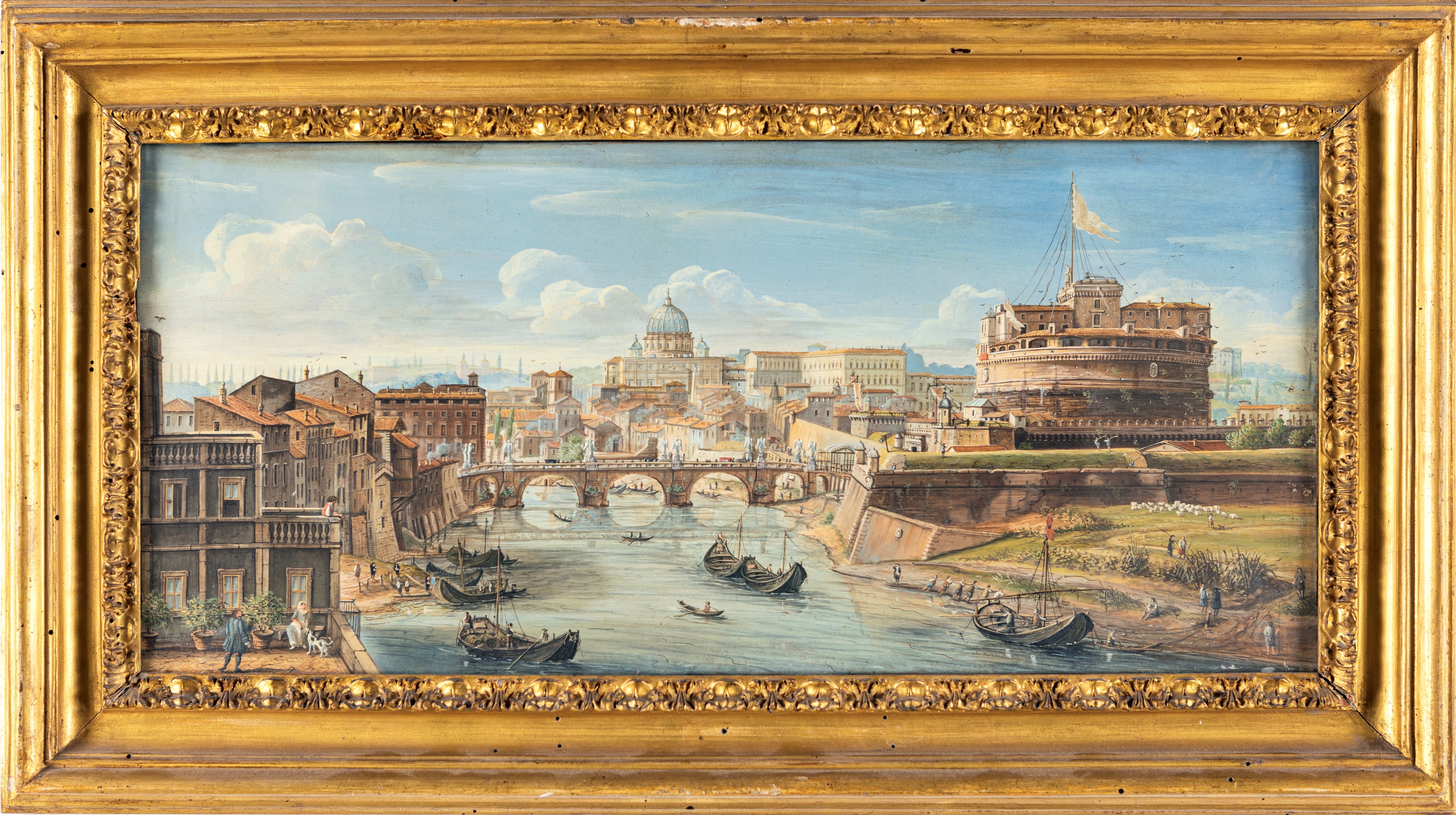 Scuola Romana del XIX Secolo - Coppia di Tempere su Pergamena Veduta di Castel Sant'angelo e del ...