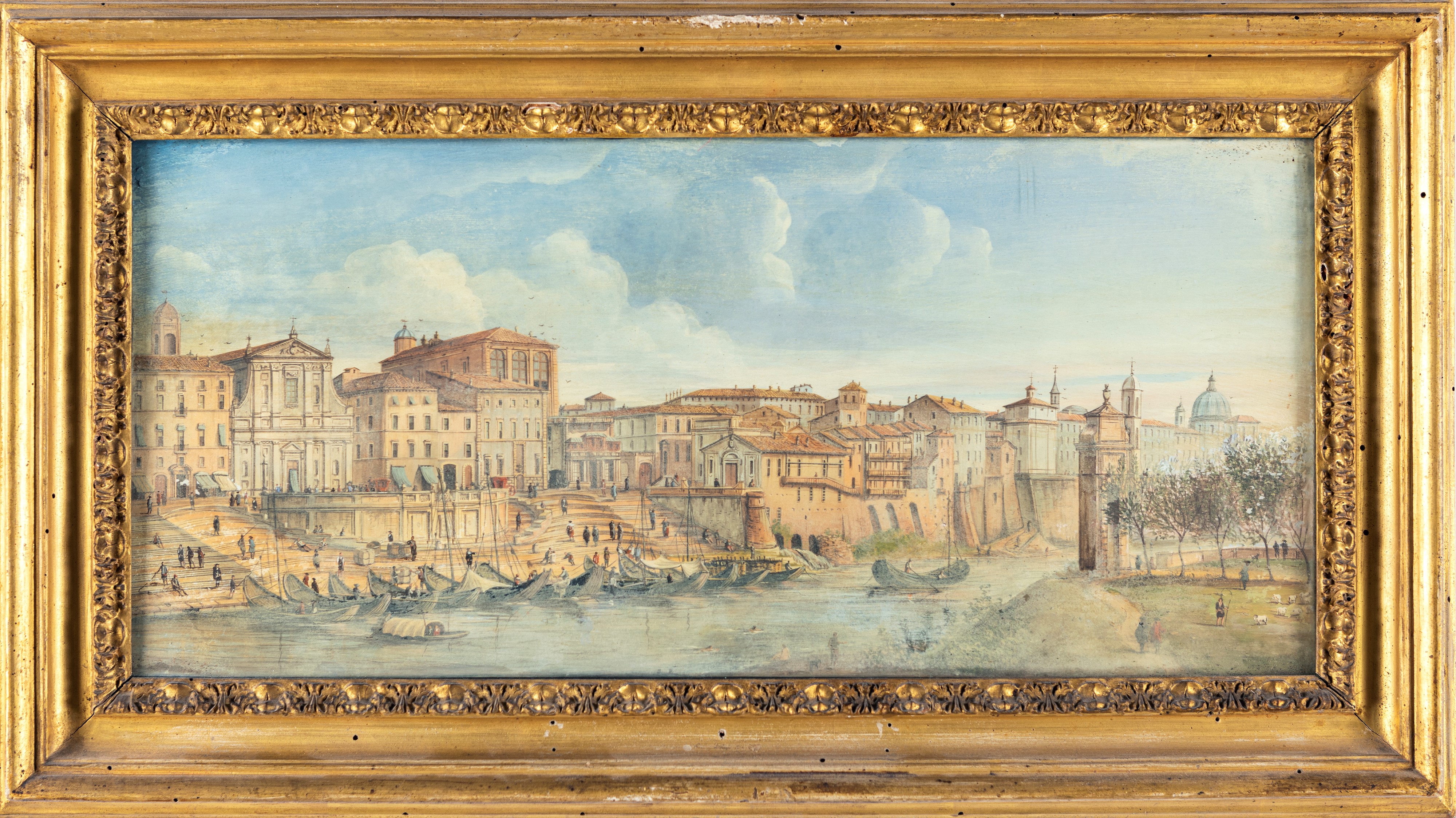 Scuola Romana del XIX Secolo - Coppia di Tempere su Pergamena Veduta di Castel Sant'angelo e del ...