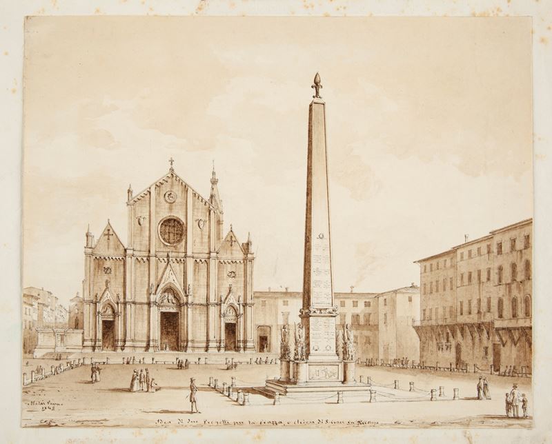 Scuola Italiana del XIX Secolo - Idea di due progetti per la Piazza e chiesa di S. Croce in Fiore...