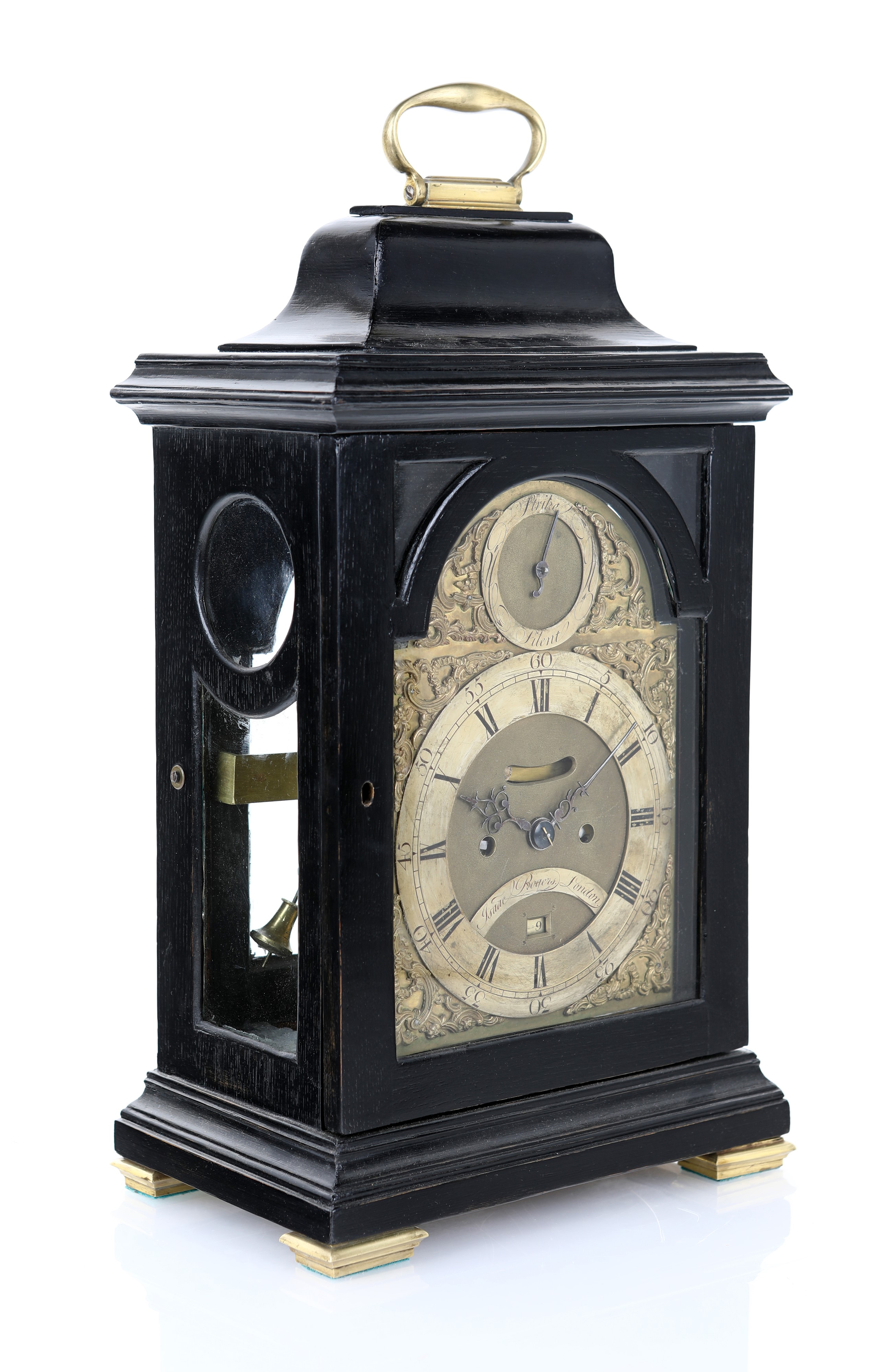 Pendola da Tavolo Bracket in Legno Ebanizzato Firmato Isaac Rogers, Londra, 1760