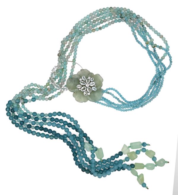 Collana a sciarpina in oro, acquamarine e agata azzurra