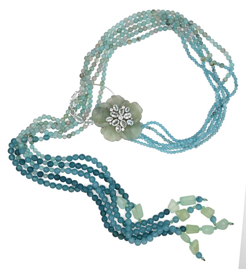 Collana a Sciarpina in Oro, Acquamarine e Agata Azzurra