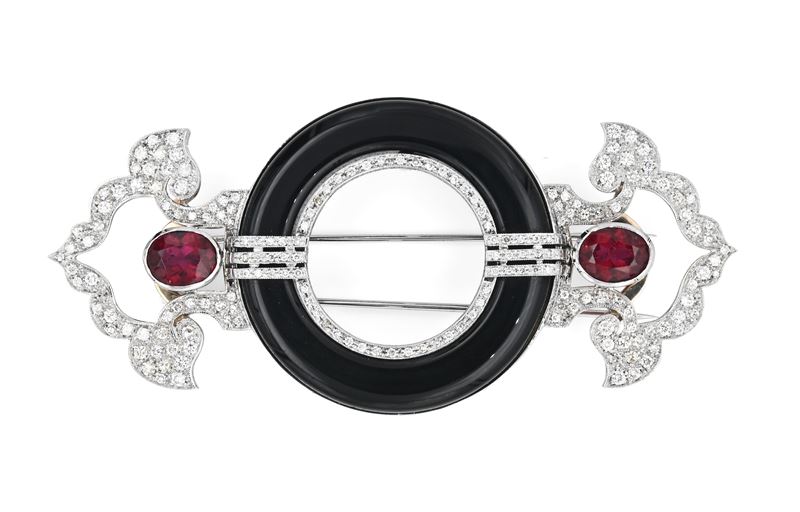 Spilla in Oro Onice, Brillanti e Rubellite