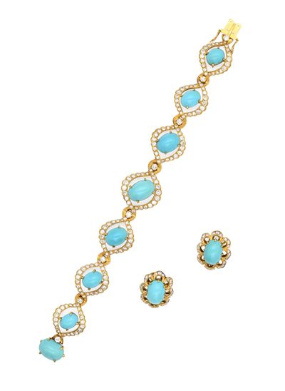 Parure di Bracciale e Orecchini in Oro Turchese e Brillanti