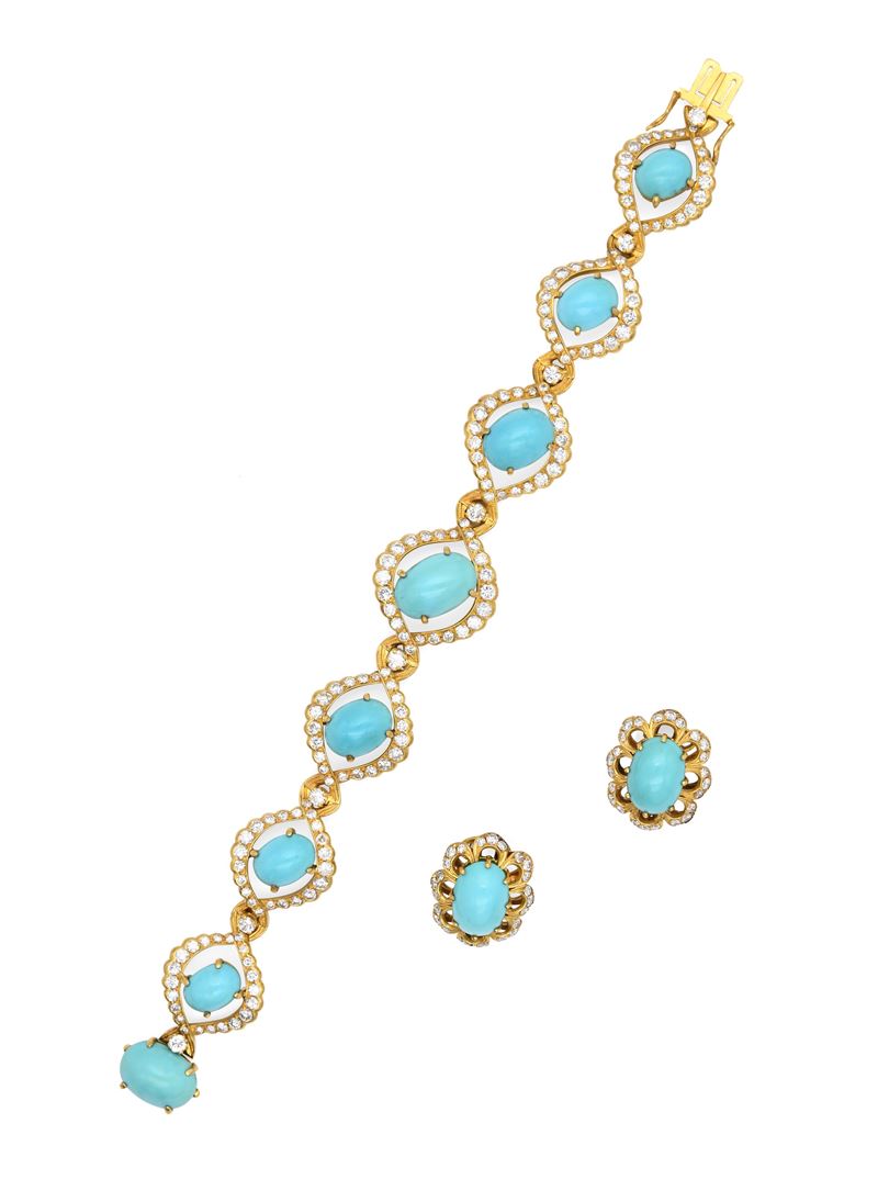 Parure di Bracciale e Orecchini in Oro Turchese e Brillanti