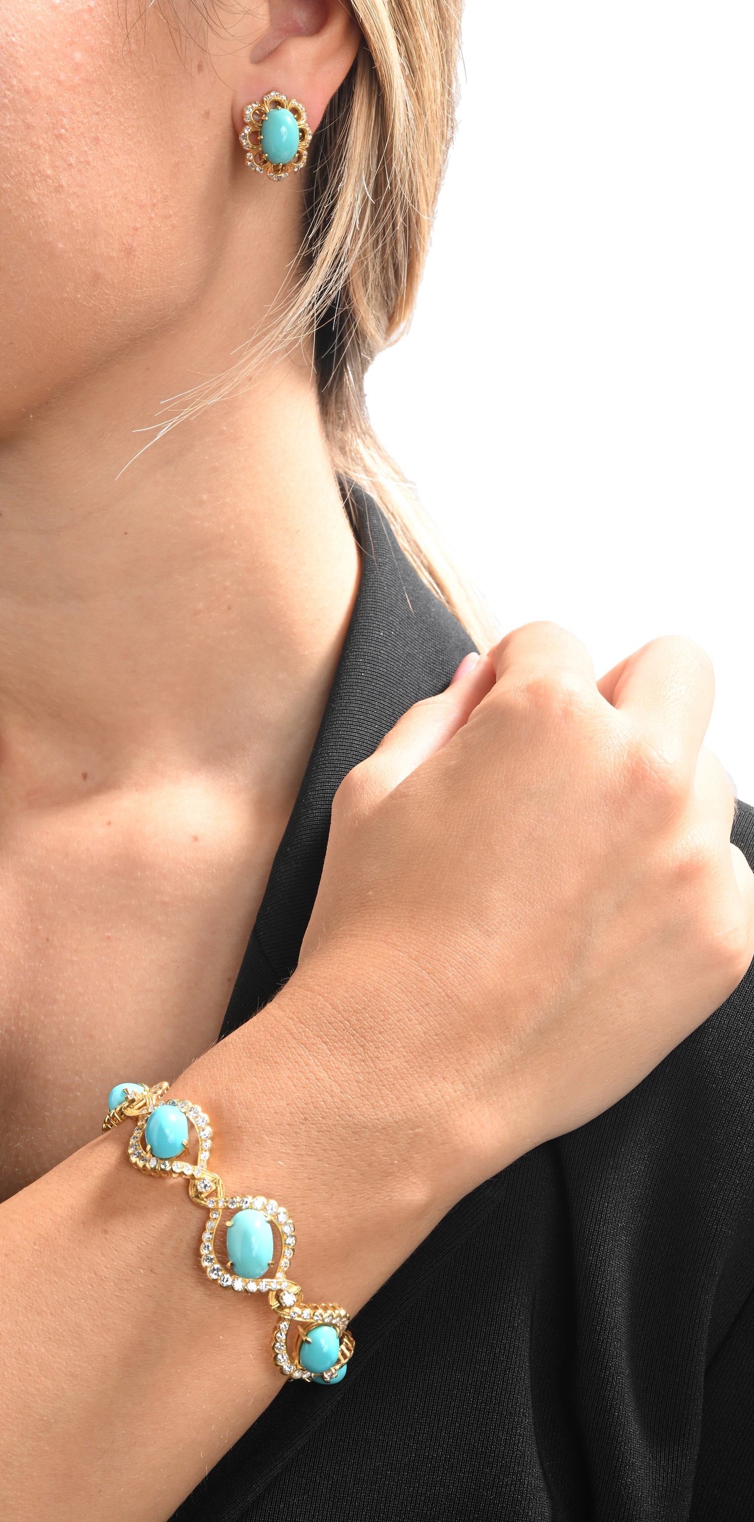 Parure di Bracciale e Orecchini in Oro Turchese e Brillanti