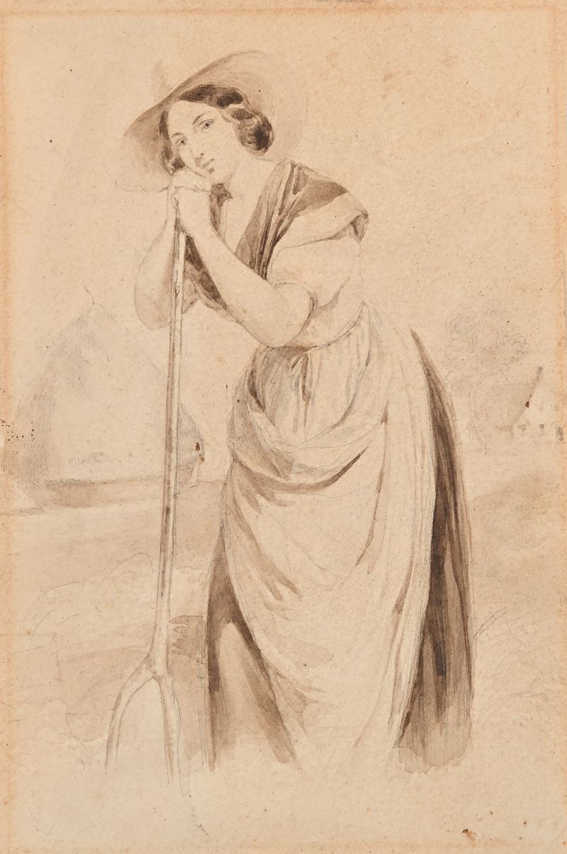Scuola Romana Inizi del XIX Secolo - Scuola Romana, Ritratto di pastorella, marita e inchiostro a...