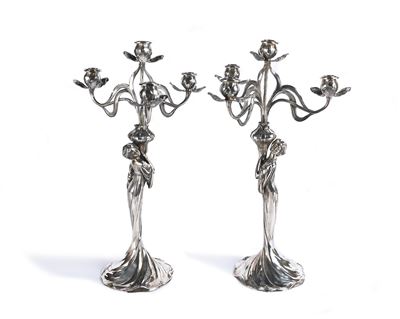 Coppia di Candelieri Art Nouveau in Metallo Argentato Wmf a Quattro Luci, Germania, Inizi del XX ...