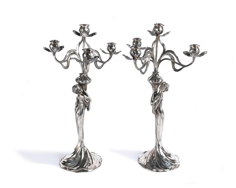 Coppia di Candelieri Art Nouveau in Metallo Argentato Wmf a Quattro Luci, Germania, Inizi del XX ...