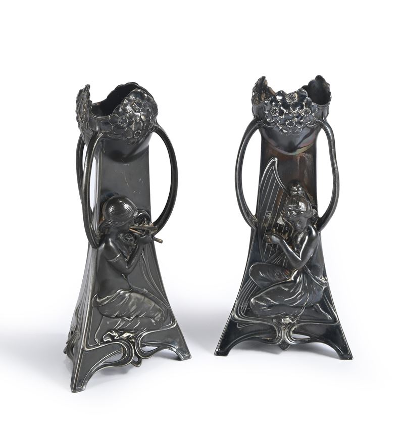 Portafiori Art Nouveau in peltro, Varsavia, Roman Plewkiewicz (attivo dal 1886 al 1935)