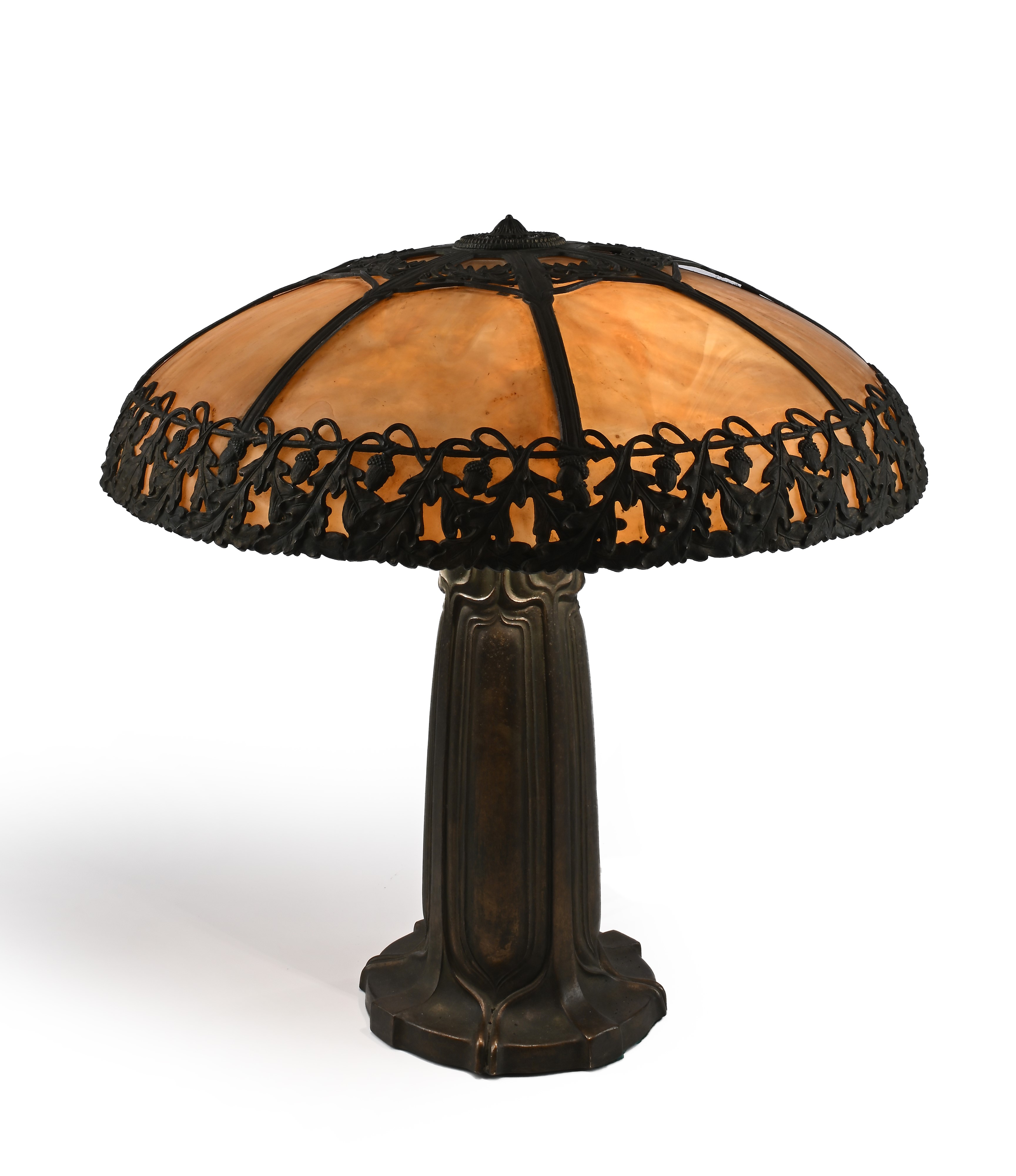 Lampada in Fusione di Metallo con Diffusore in Pasta Vitrea Gialla, Arts And Crafts, Probabilment...