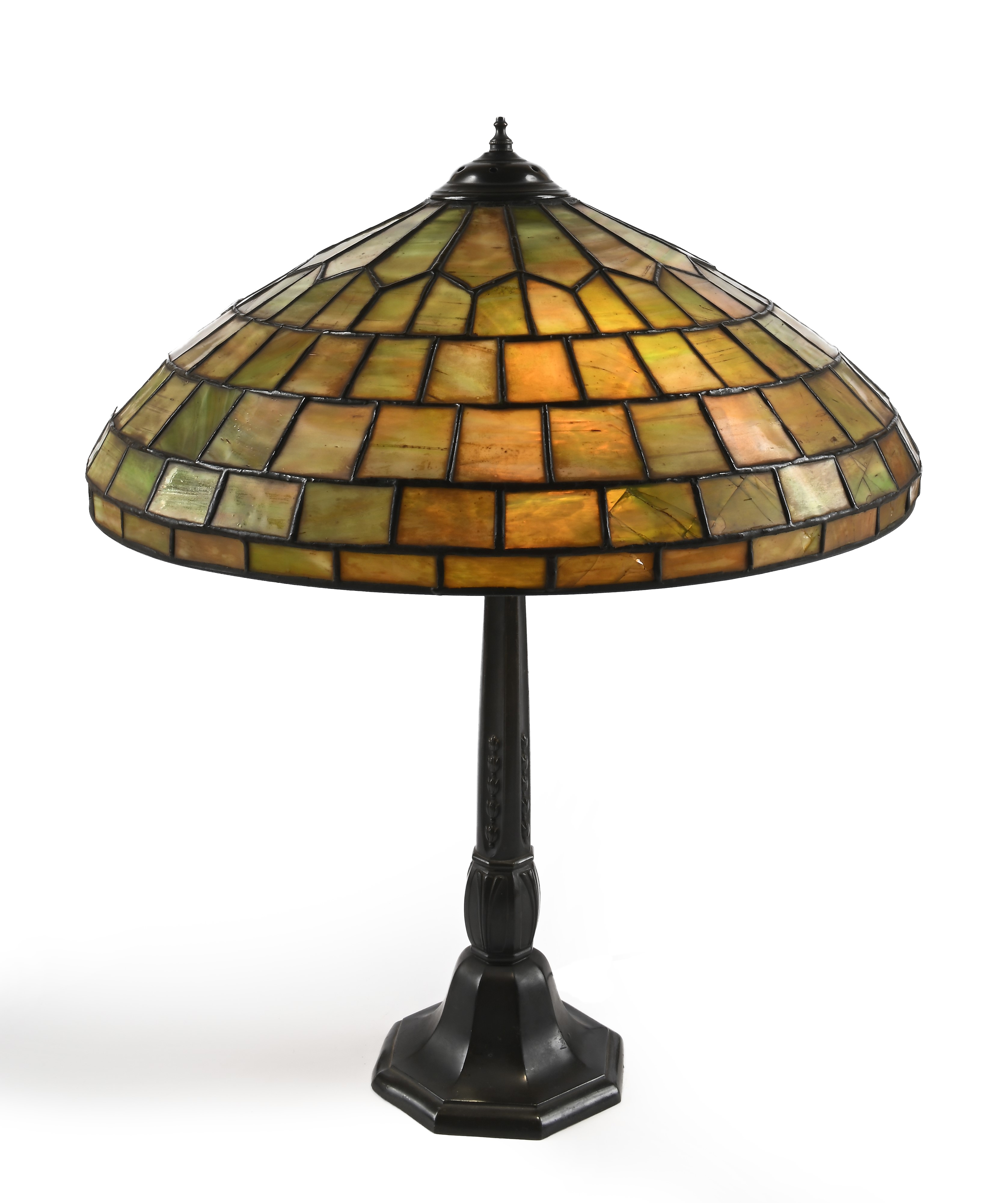 Lampada da Tavolo in Bronzo e Vetro Giallo Piombato, Attribuibile alla Duffner & Kimberly Co. New...
