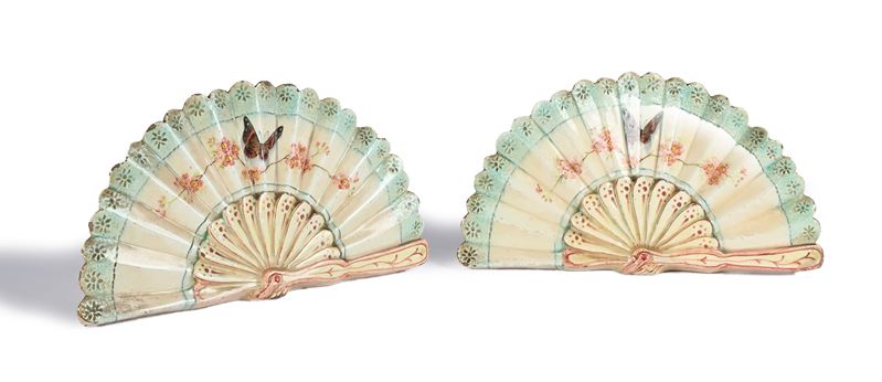 Coppia di tulipiere a ventaglio in maiolica policroma, Delphin Massier (1836-1907)