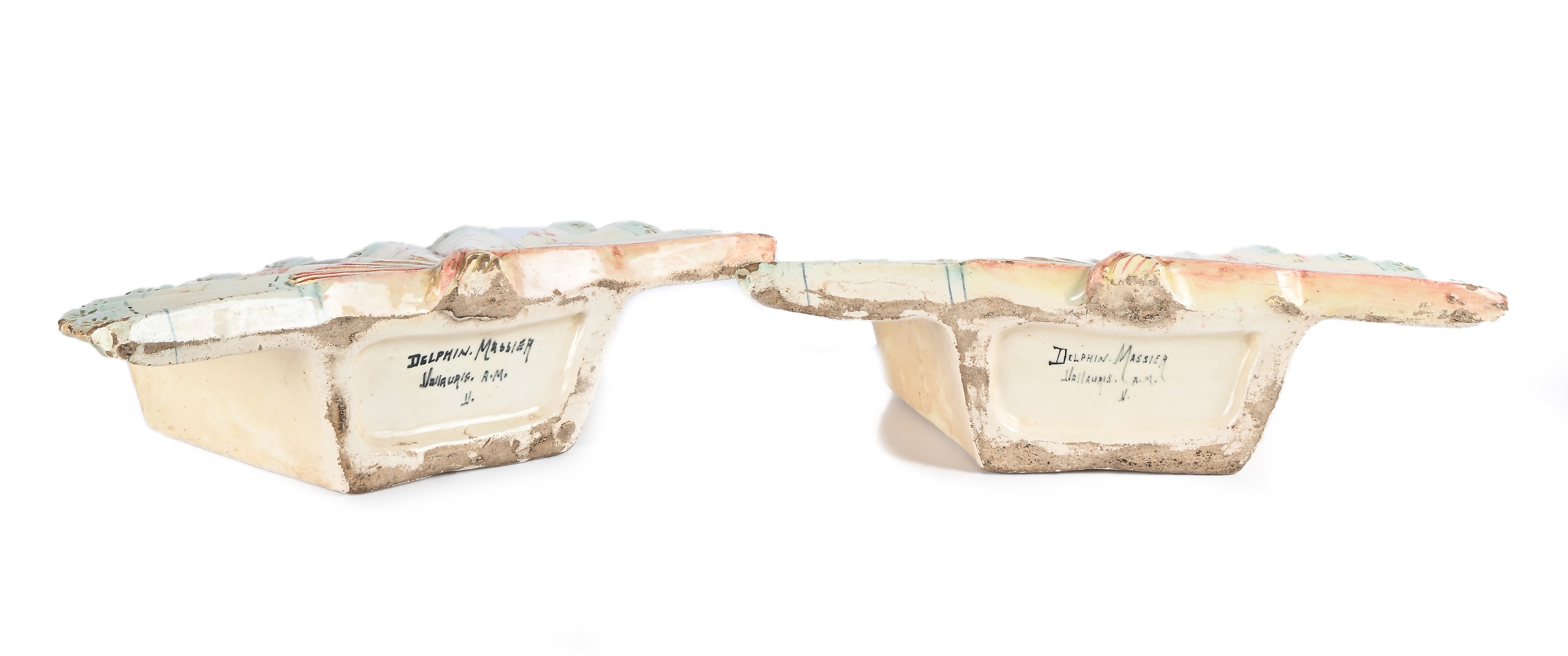 Coppia di tulipiere a ventaglio in maiolica policroma, Delphin Massier (1836-1907)