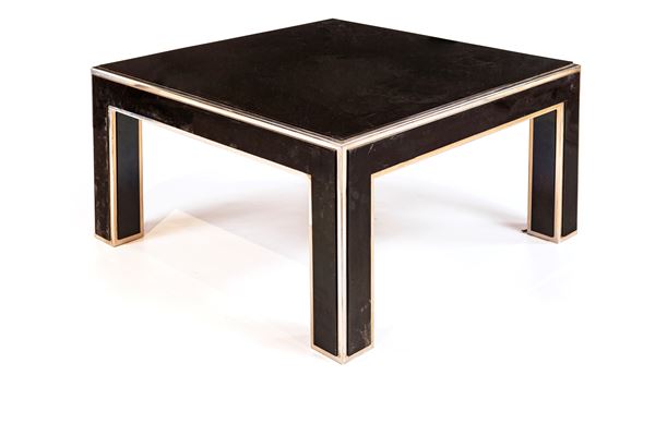 Tavolino basso in metallo cromato e perspex nero, Anni Settanta