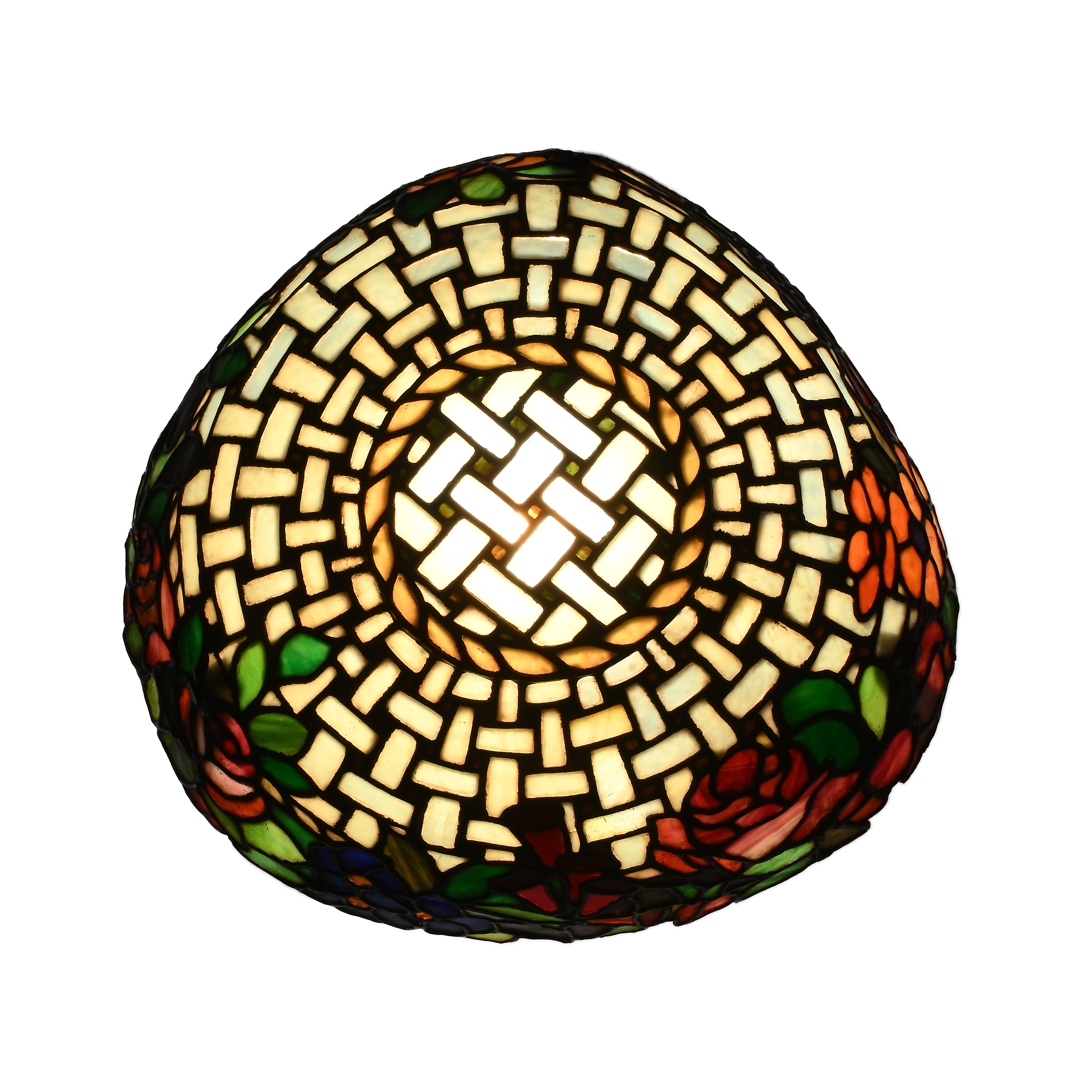 Lampada da Tavolo in Bronzo con Cappello in Tessere di Vetro Policromo Legate a Piombo, Inizi del...