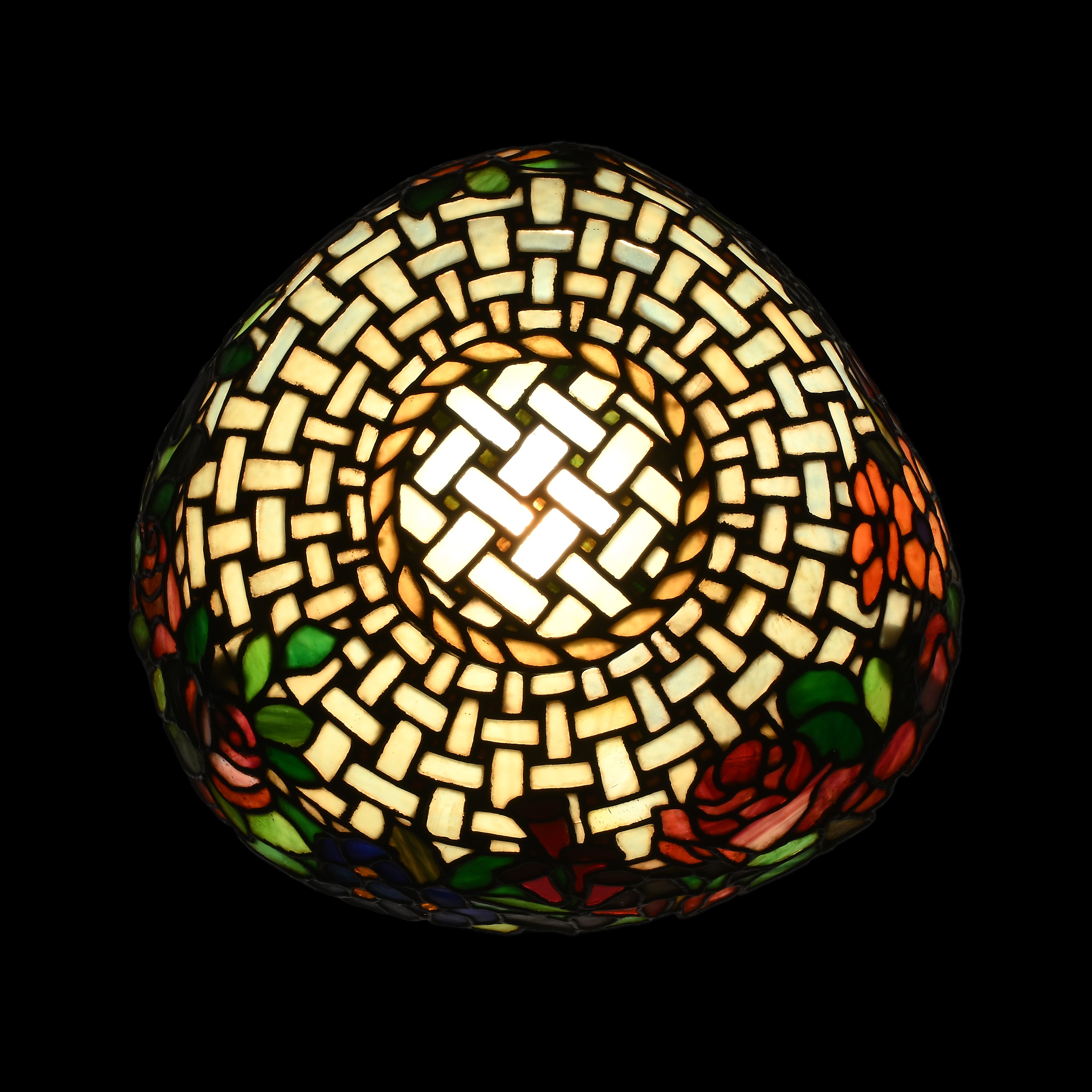 Lampada da Tavolo in Bronzo con Cappello in Tessere di Vetro Policromo Legate a Piombo, Inizi del...
