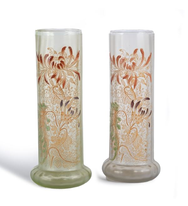 Coppia di vasi in vetro soffiato e smalti, Art Nouveau, modello Lamartine, manifattura Legras di Saint Denis