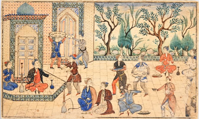 Miniatura con figure di orientali dipinte in policromia, Iran, dinastia Qajar, XIX secolo