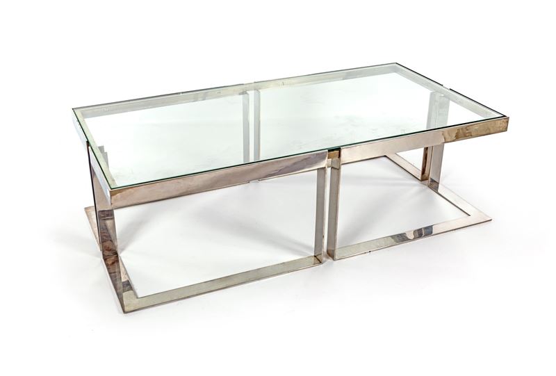 Tavolino basso in metallo cromato e vetro