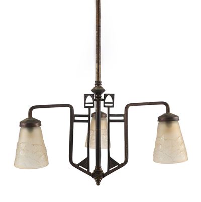 Lampadario Art Decò in Ottone a Tre Luci