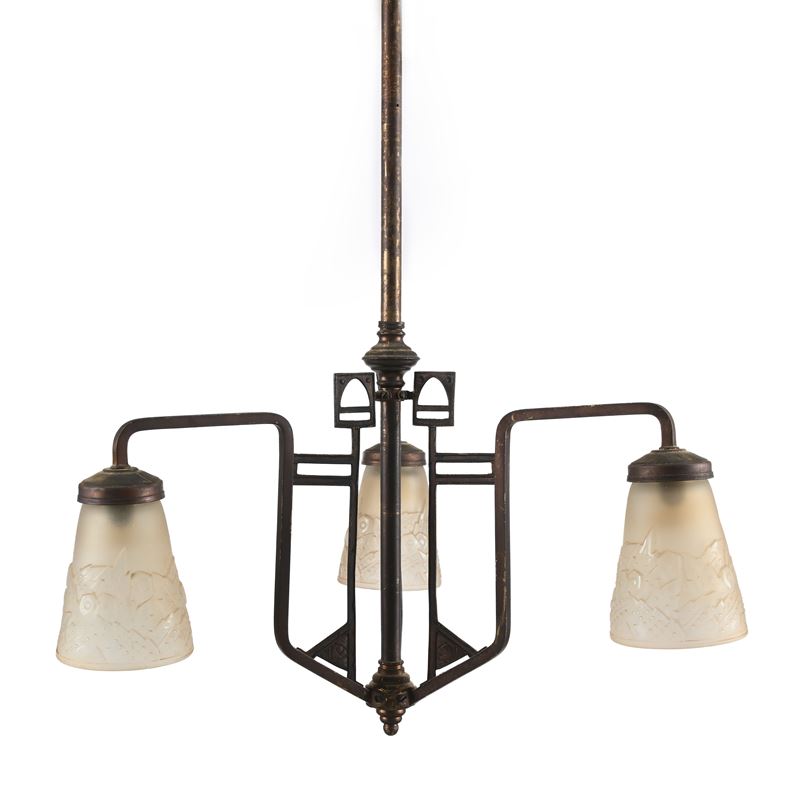 Lampadario Art Decò in Ottone a Tre Luci