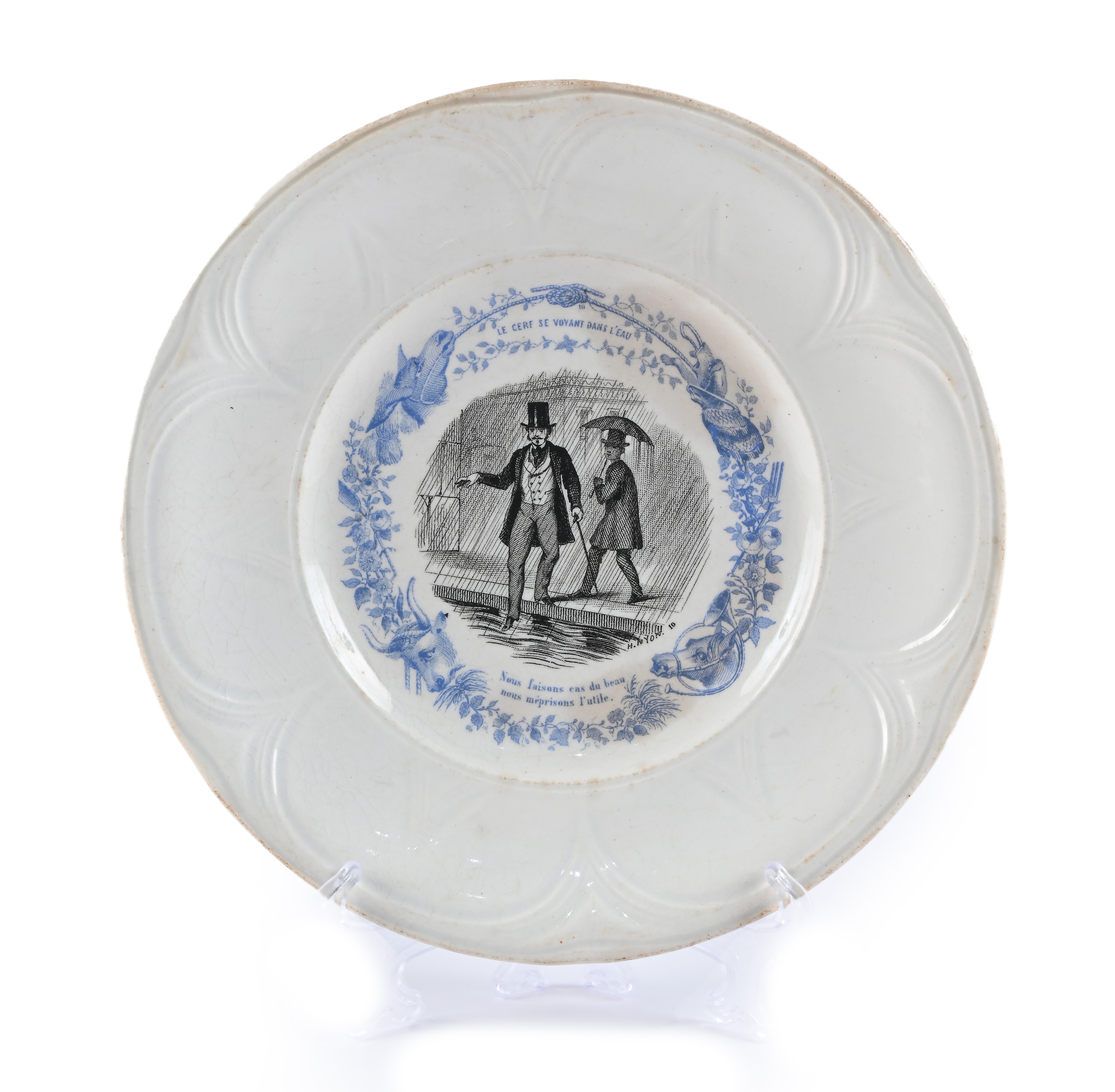 Otto "assiettes parlantes" diversi in ceramica con decoro stampato in nero e blu, Francia, fine d...