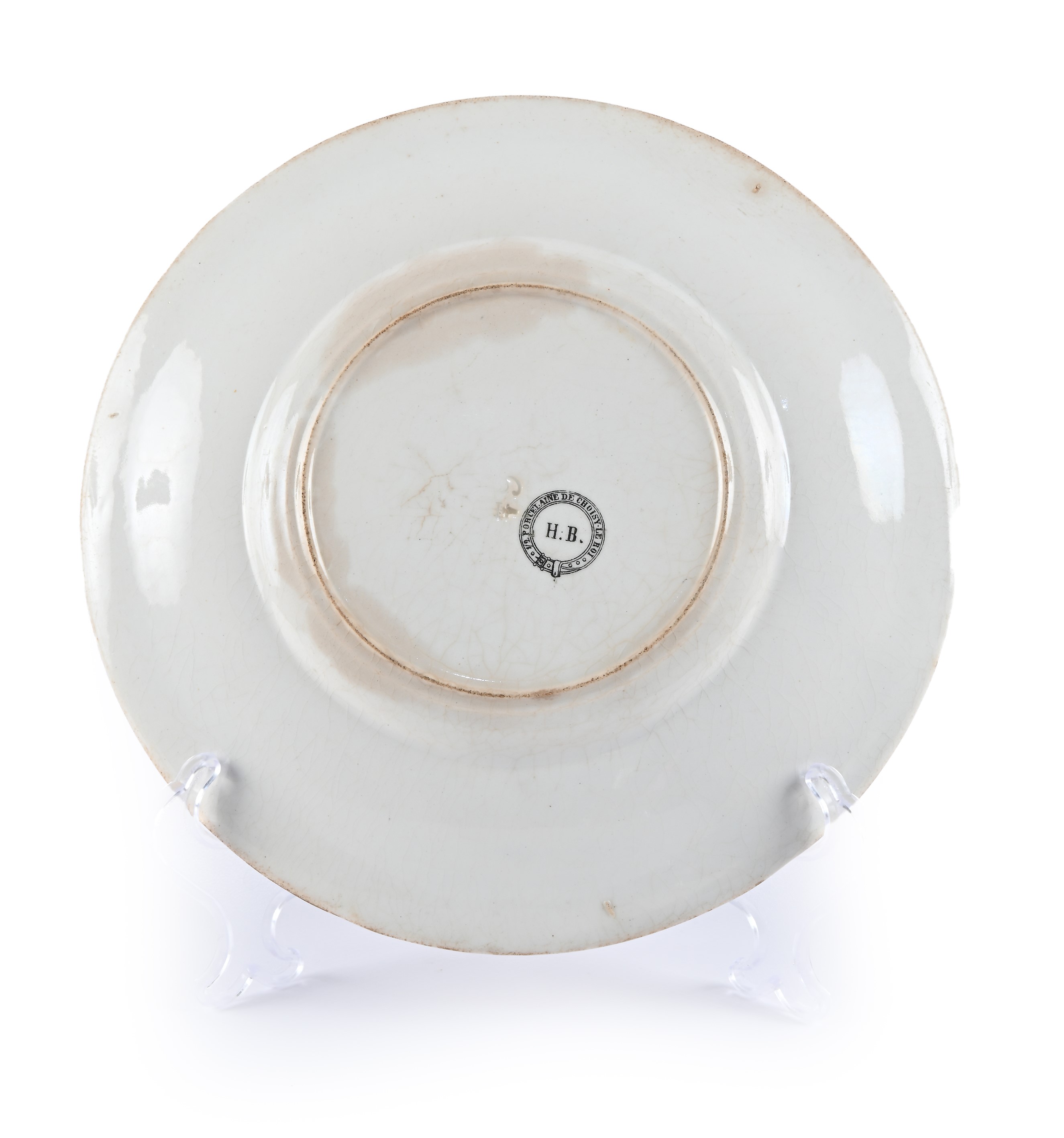 Otto "assiettes parlantes" diversi in ceramica con decoro stampato in nero e blu, Francia, fine d...