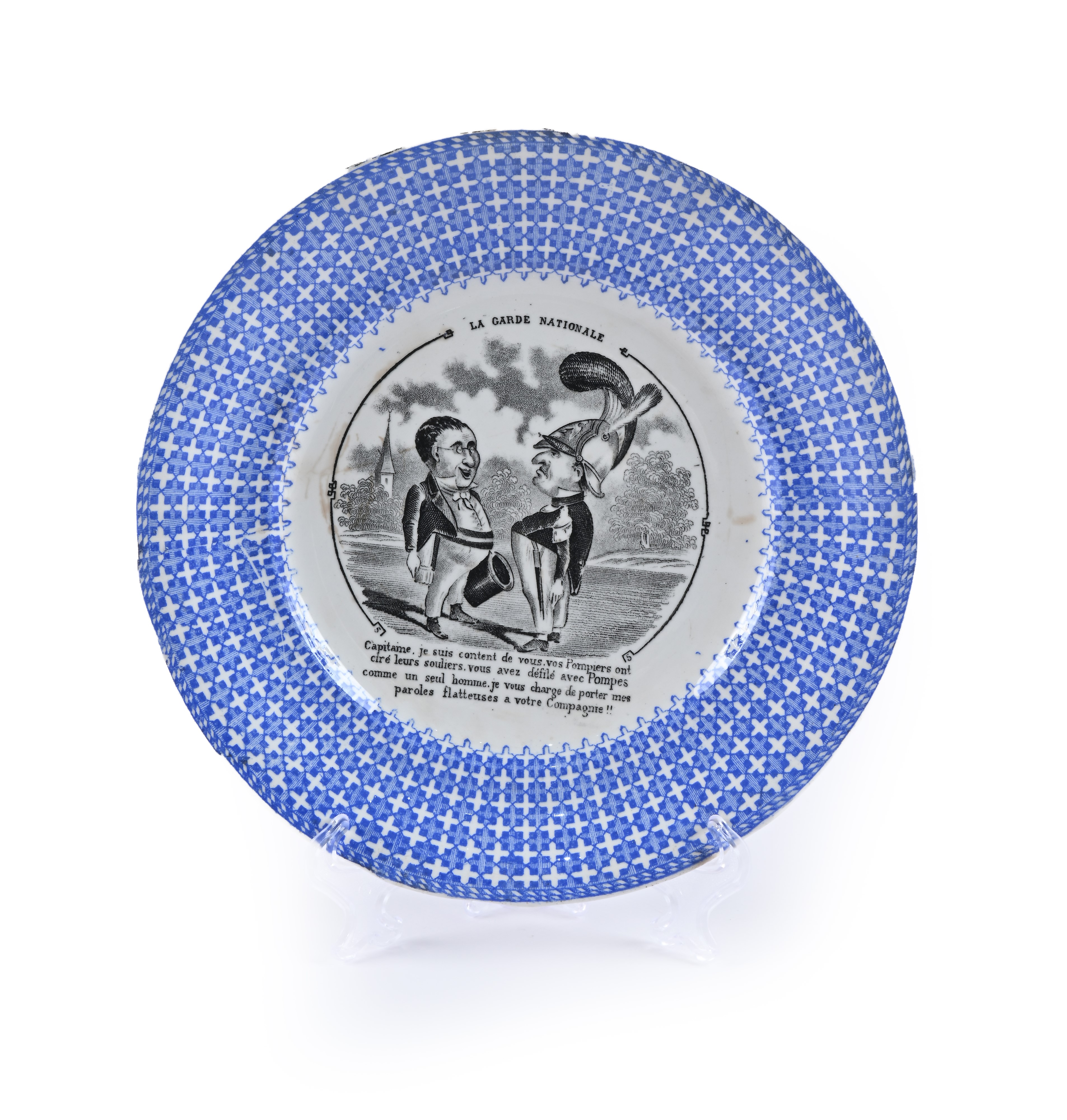 Otto "assiettes parlantes" diversi in ceramica con decoro stampato in nero e blu, Francia, fine d...