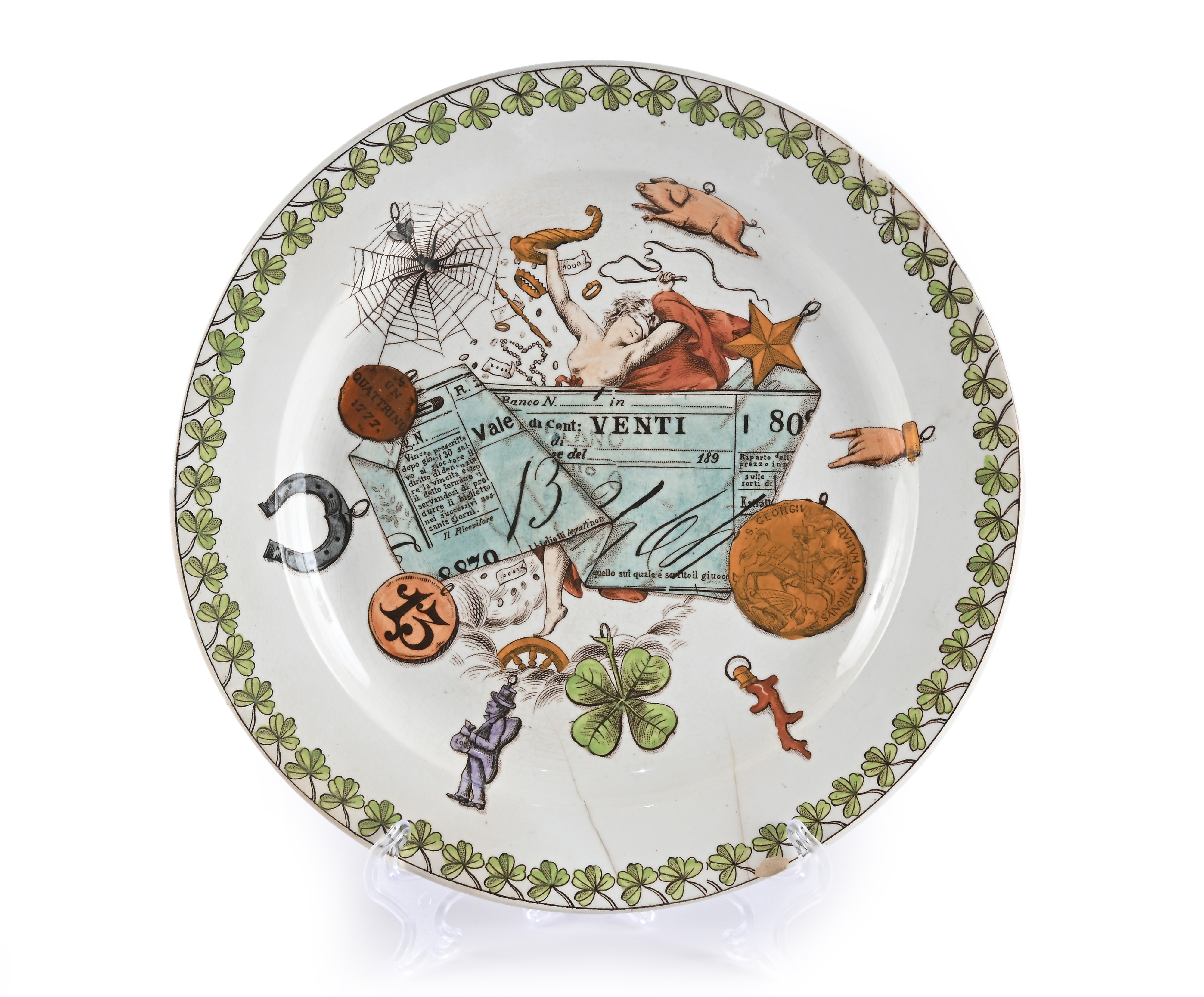 Sei piatti da dolce in terraglia policroma, serie “Fortuna”, Società Ceramica Richard, Milano, An...