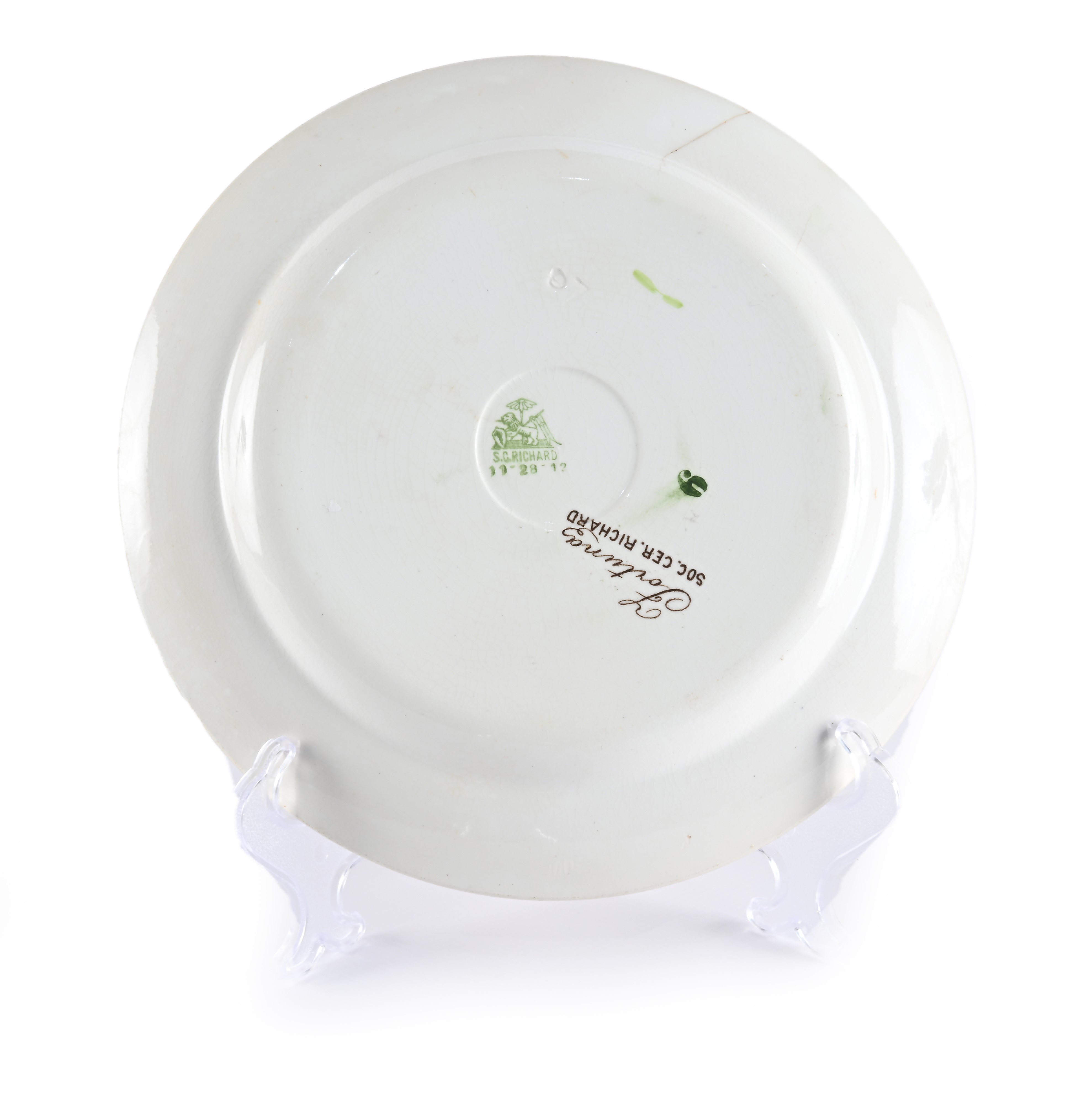 Sei piatti da dolce in terraglia policroma, serie “Fortuna”, Società Ceramica Richard, Milano, An...