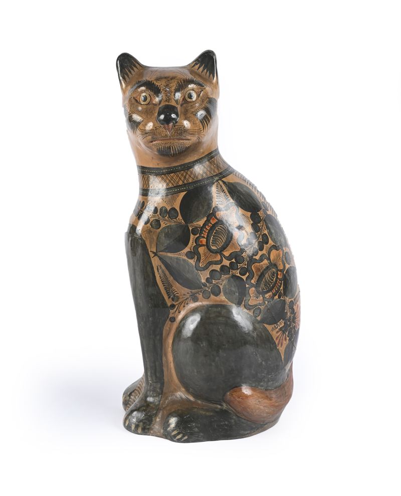 Grande figura di gatto seduto in ceramica di Tonala, arte popolare messicana