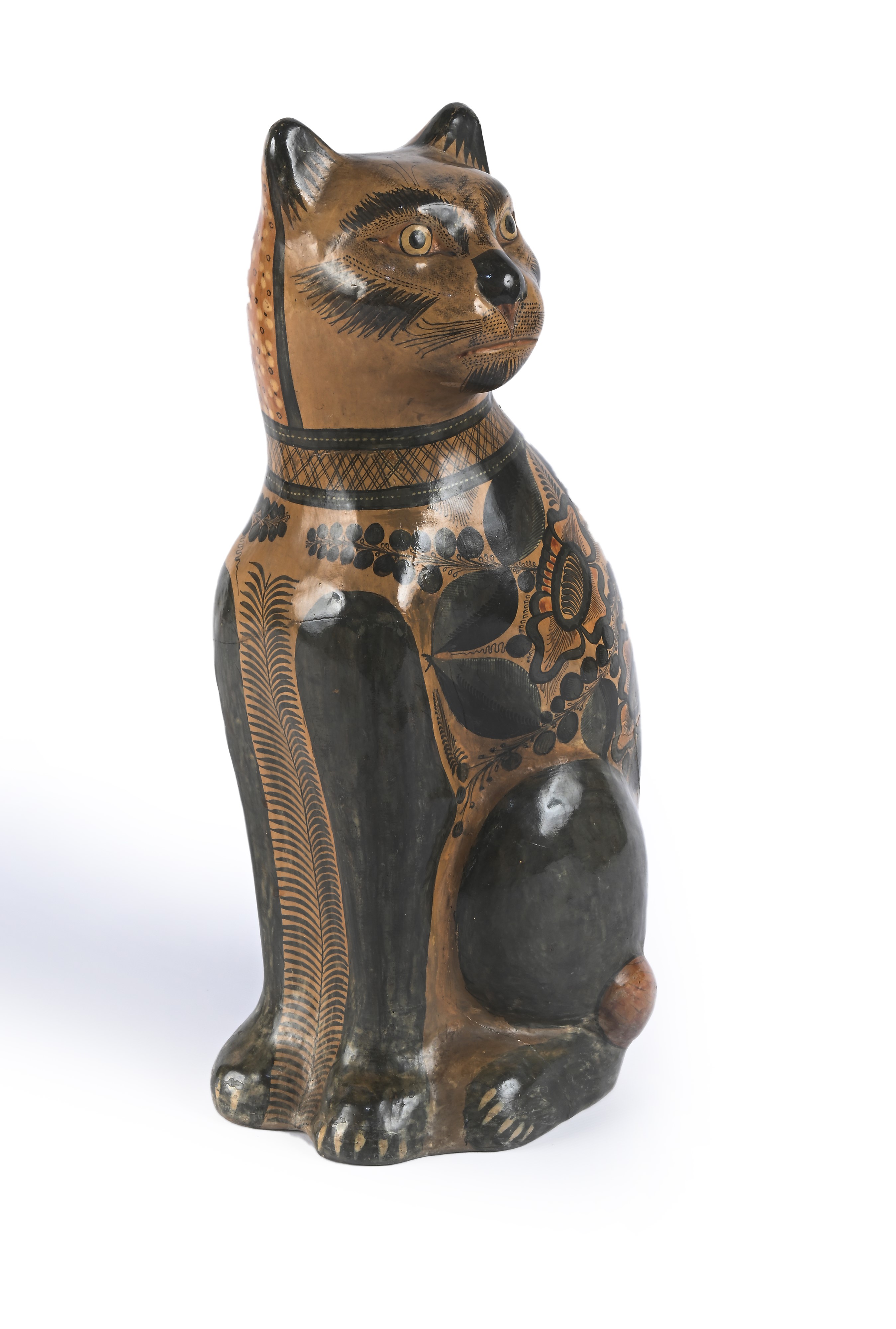 Grande figura di gatto seduto in ceramica di Tonala, arte popolare messicana