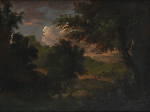 Pittore del XVII secolo - Paesaggio boschivo con figure
