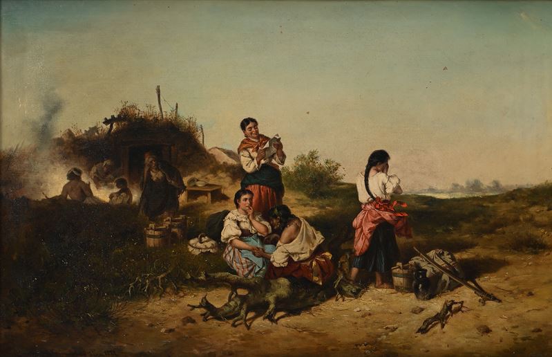 Pittore Nordico del XIX Secolo, Scuola Ungherese del XIX Secolo - Accampamento di Gitani