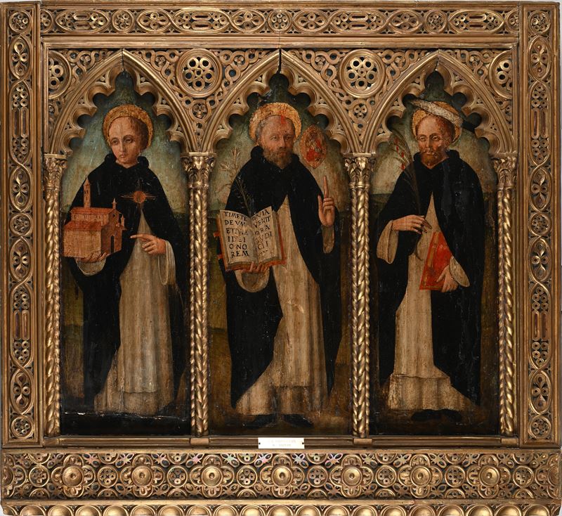Scuola Toscana del XV Secolo - Trittico con San Domenico San Tommaso D'aquino e San Pietro Martir...