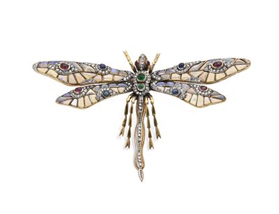 Spilla a Libellula in Oro, Opali, Diamanti Zaffiri, Rubini, Smeraldi.