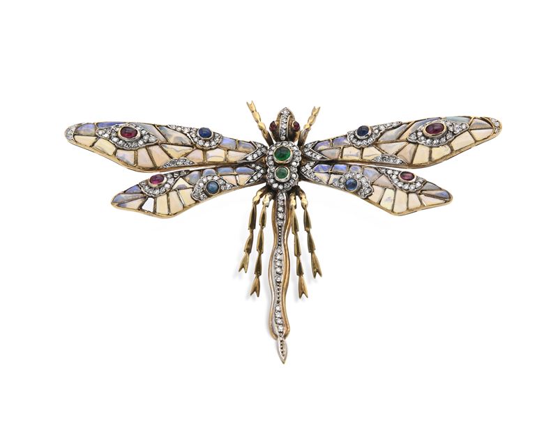 Spilla a Libellula in Oro, Opali, Diamanti Zaffiri, Rubini, Smeraldi.