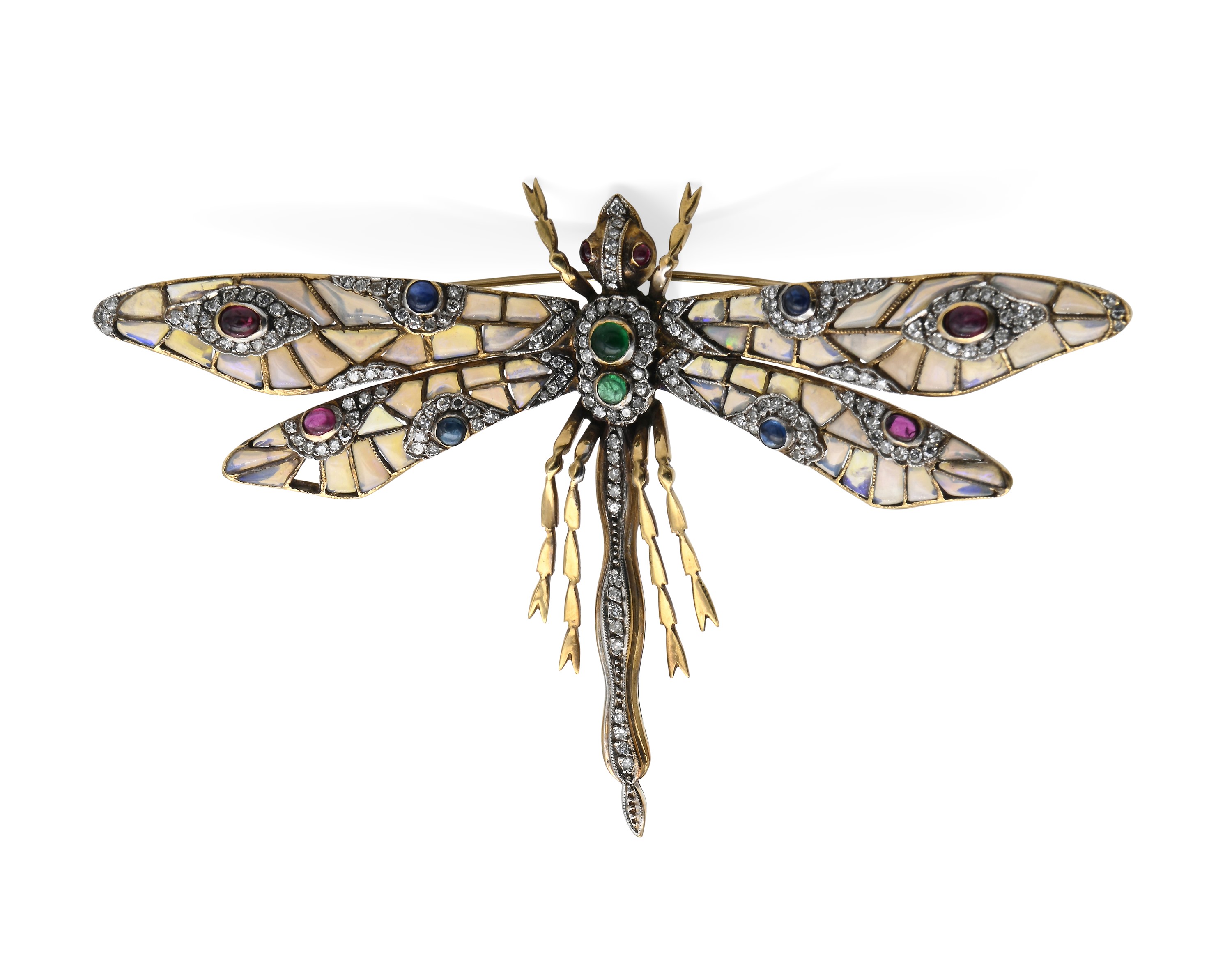 Spilla a Libellula in Oro, Opali, Diamanti Zaffiri, Rubini, Smeraldi.